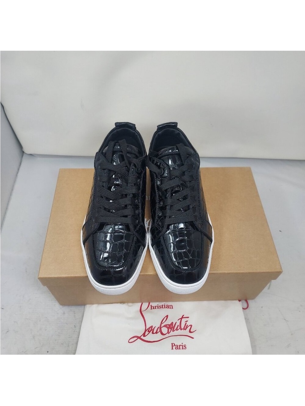 Christian Louboutin Black Patent Croc-Embossed Low-Top Sneakers with White Sole